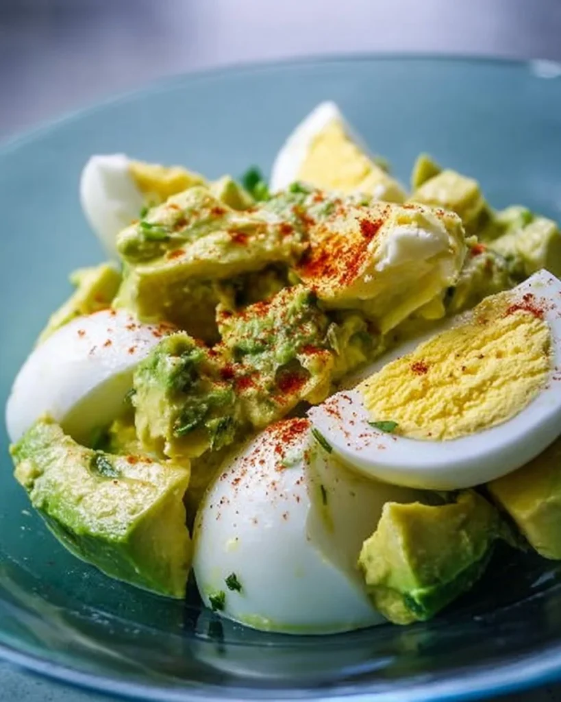 A bowl of creamy avocado egg salad with fresh herbs and spices.