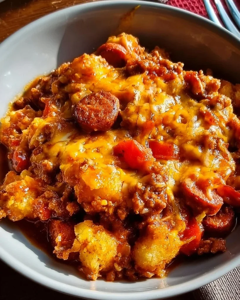 Delicious Crockpot Chili Dog Casserole topped with cheese and served in a bowl