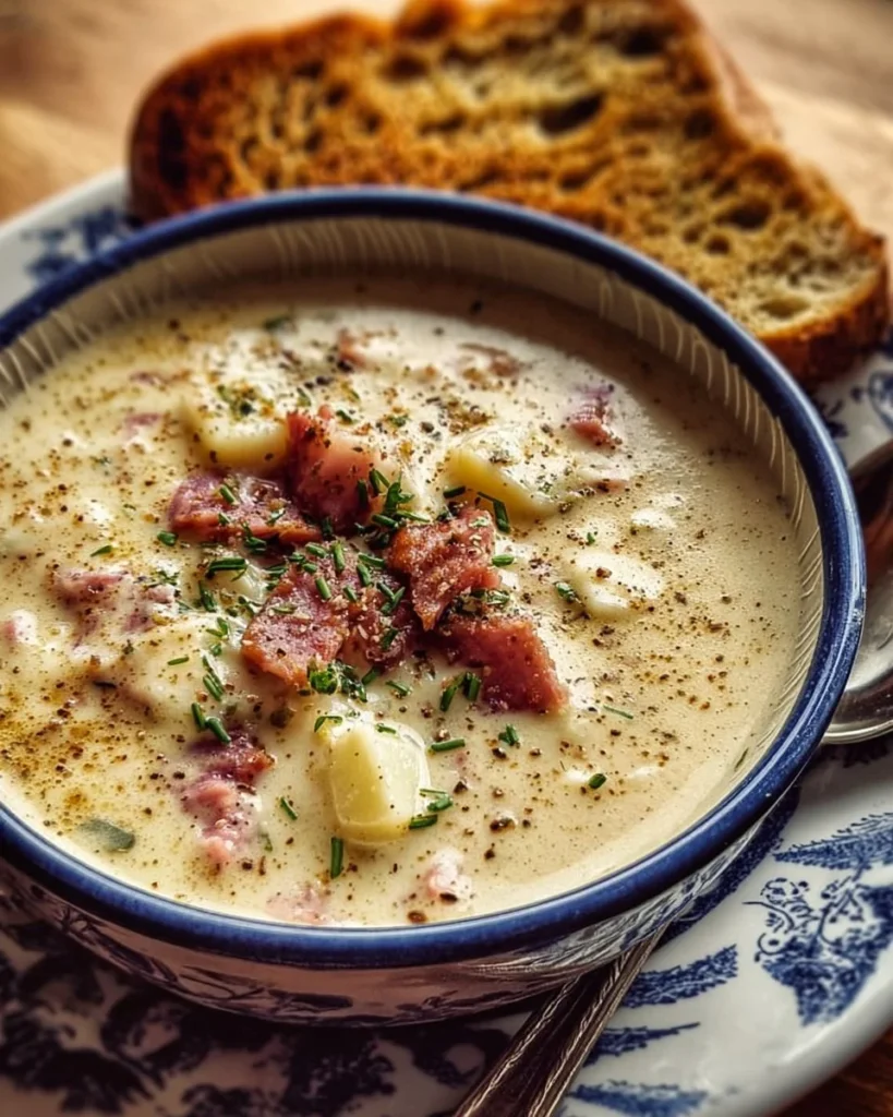 Delicious creamy Reuben soup served in a bowl garnished with herbs.