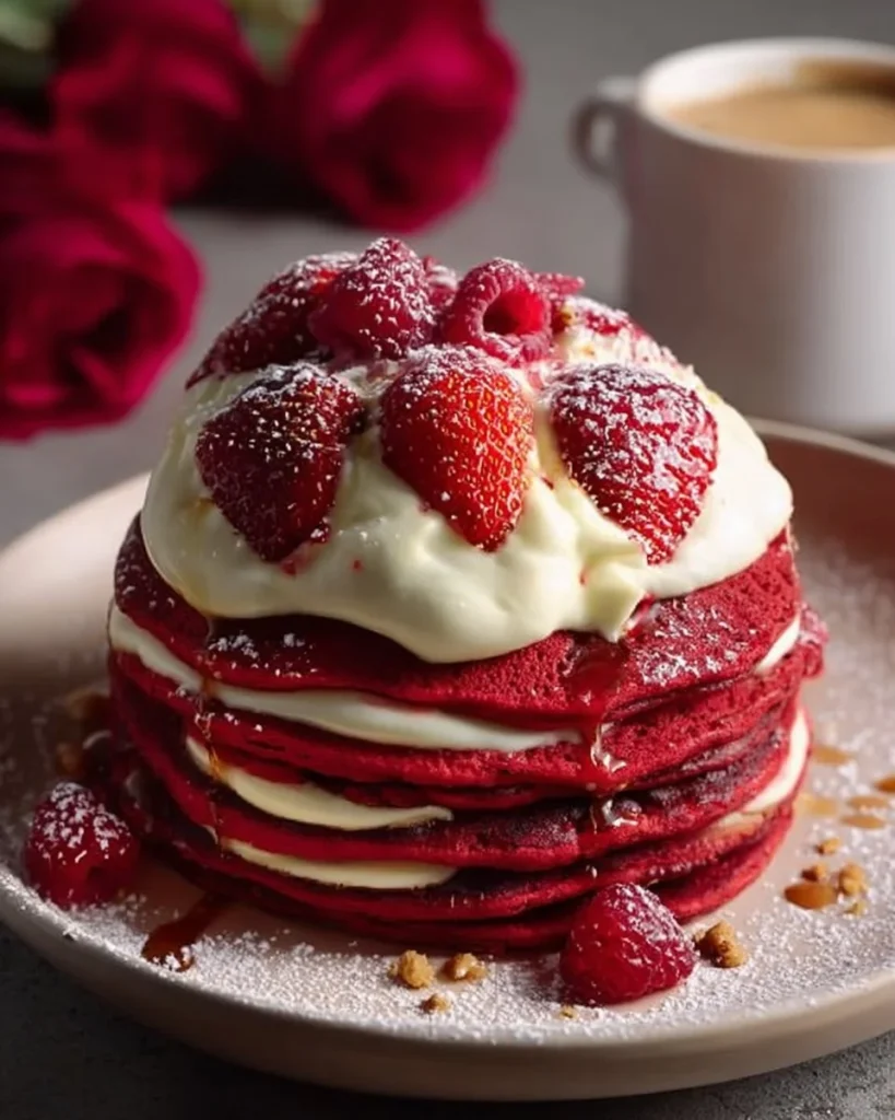 Fluffy red velvet pancakes topped with cream cheese frosting, perfect for Valentine's brunch.