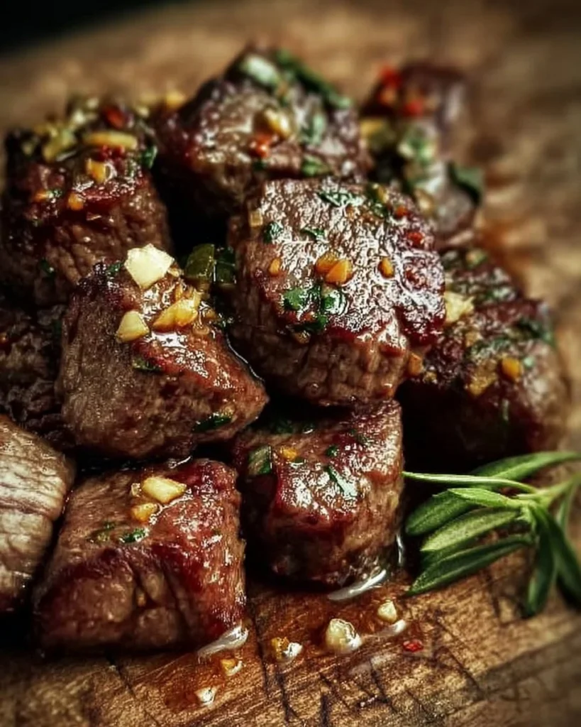 Delicious garlic butter steak bites served on a plate with fresh herbs.