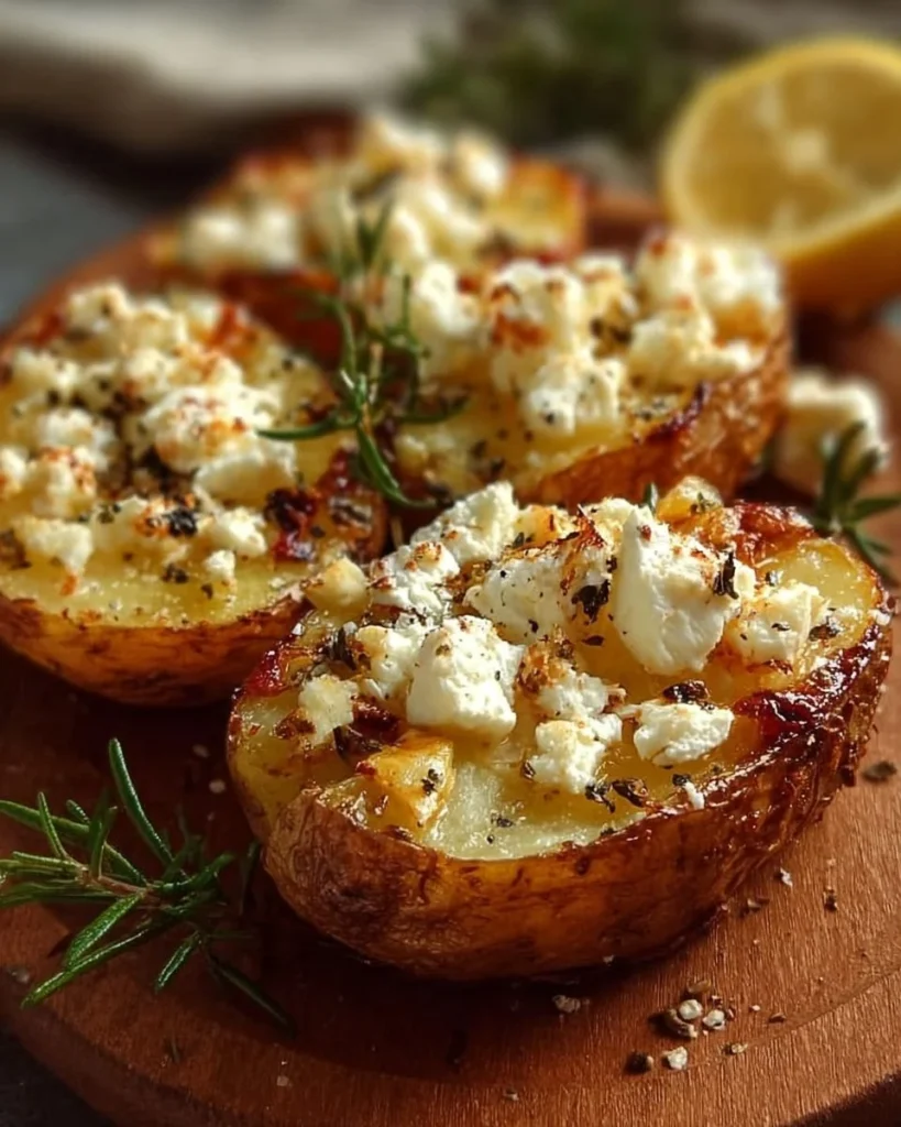 Greek Feta Baked Potatoes topped with crumbled feta cheese.