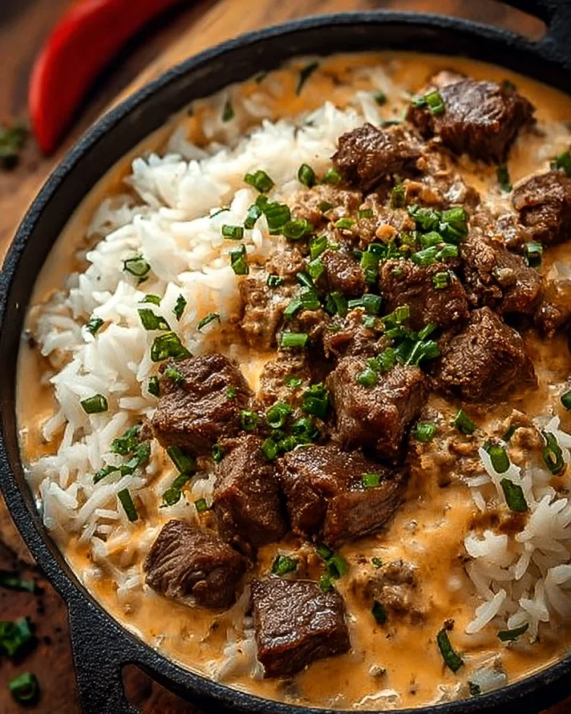 Delicious bowl of steak queso rice topped with fresh ingredients.