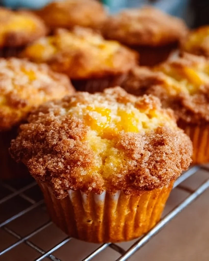 Freshly baked homemade peach cobbler muffins with sliced peaches on top.