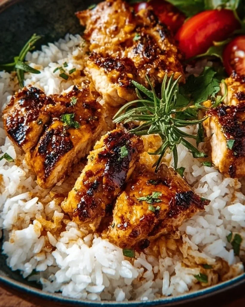 Delicious Honey Lime Chicken and Rice Bowl garnished with fresh cilantro