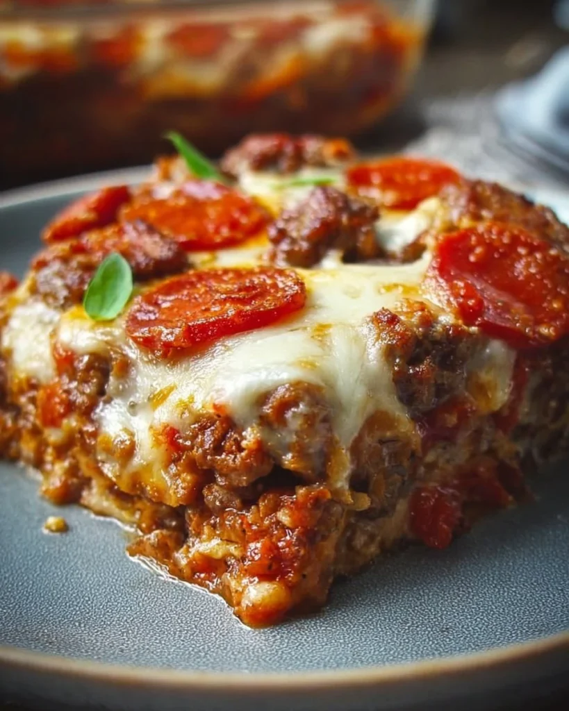 Delicious low carb pizza casserole served in a dish