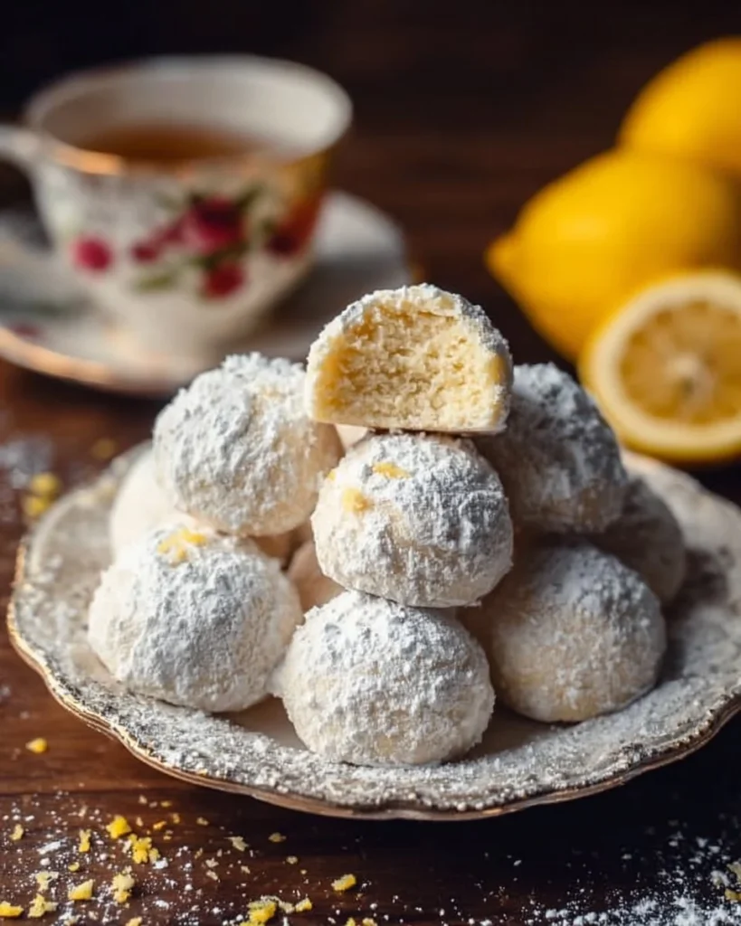 Delicious Lemon Cream Snowball Cookies dusted with powdered sugar