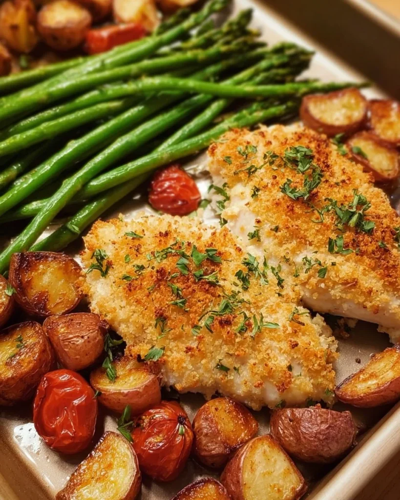 Parmesan Crusted Chicken Sheet Pan Dinner with colorful vegetables.