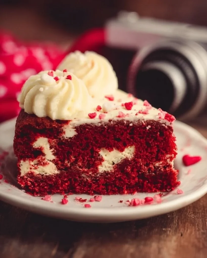 A delicious slice of Red Velvet Cookie Cake topped with cream cheese frosting.