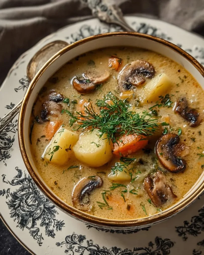 Bowl of Russian Potato Mushroom Soup garnished with herbs