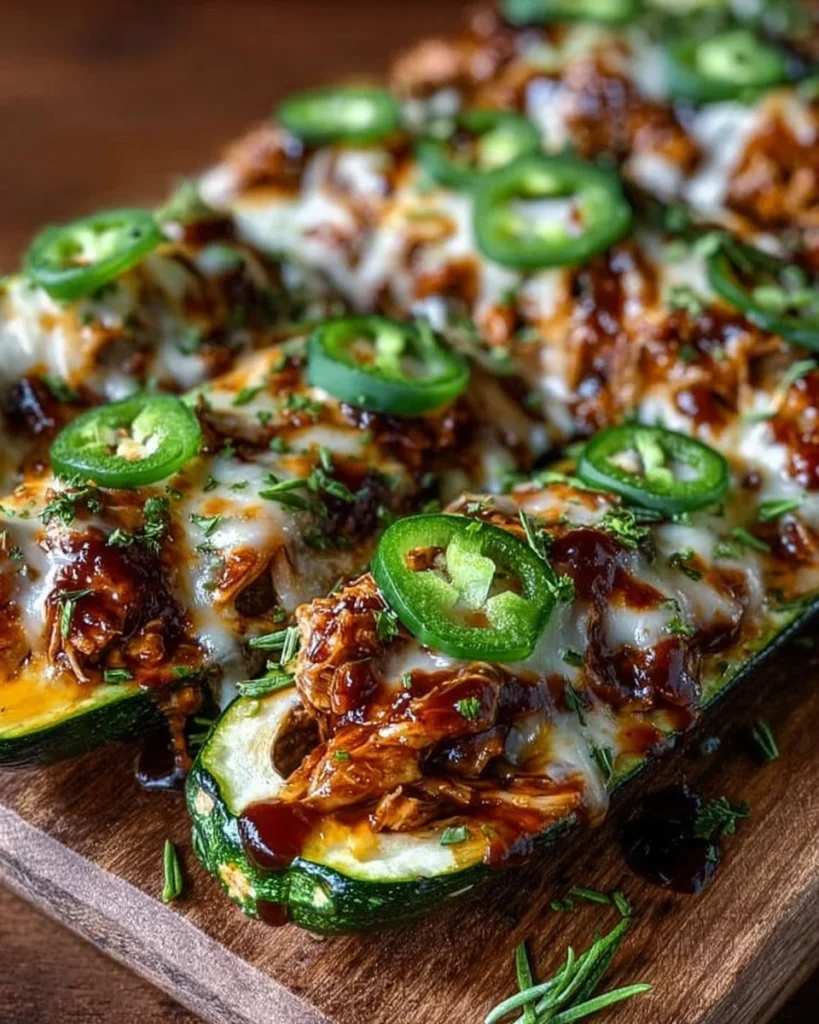 Sticky BBQ Chicken Zucchini Boats topped with savory sauce and melted cheese.