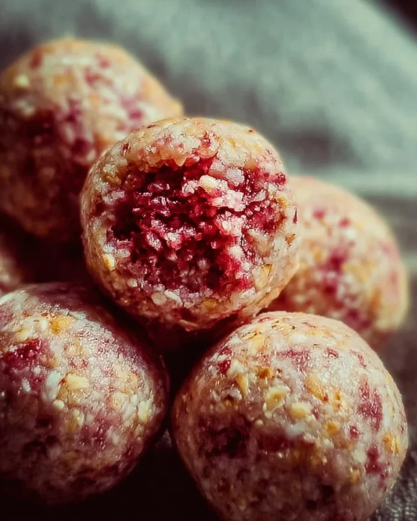Strawberry cheesecake protein balls on a wooden table with fresh strawberries