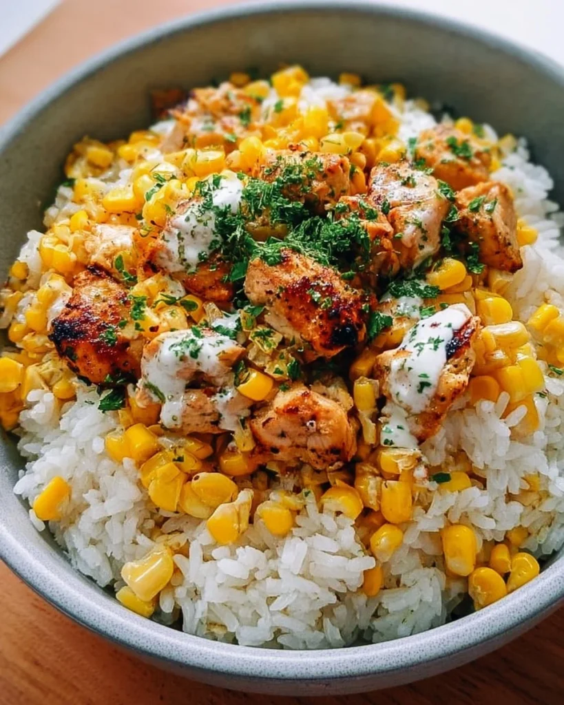 Delicious street corn chicken rice bowl with fresh ingredients and vibrant flavors.