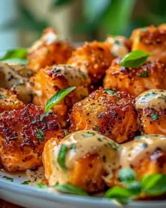 Crispy Bang Bang Salmon Bites served with spicy sauce