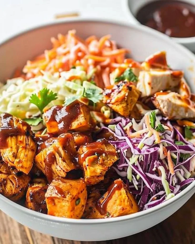 BBQ chicken bowls with sweet potatoes and coleslaw served in a vibrant dish