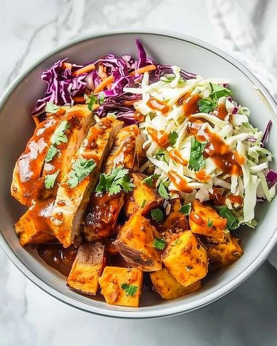 BBQ Chicken Bowls with Sweet Potatoes and Coleslaw