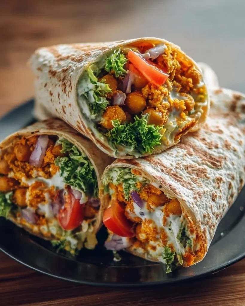 Healthy Buffalo Chickpea Wraps with fresh vegetables and spicy sauce
