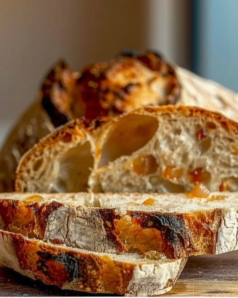 Caramelized Onion and Gouda Sourdough Bread loaf on a wooden cutting board