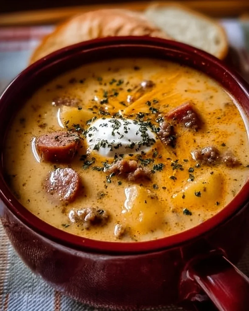 Bowl of creamy cheeseburger soup topped with cheese and herbs