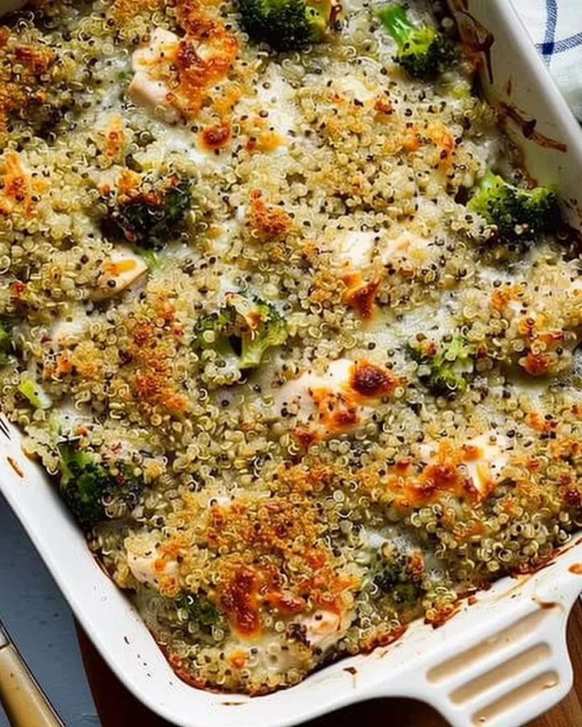 Cheesy Chicken and Broccoli Quinoa Bake in a casserole dish, fresh and tasty.