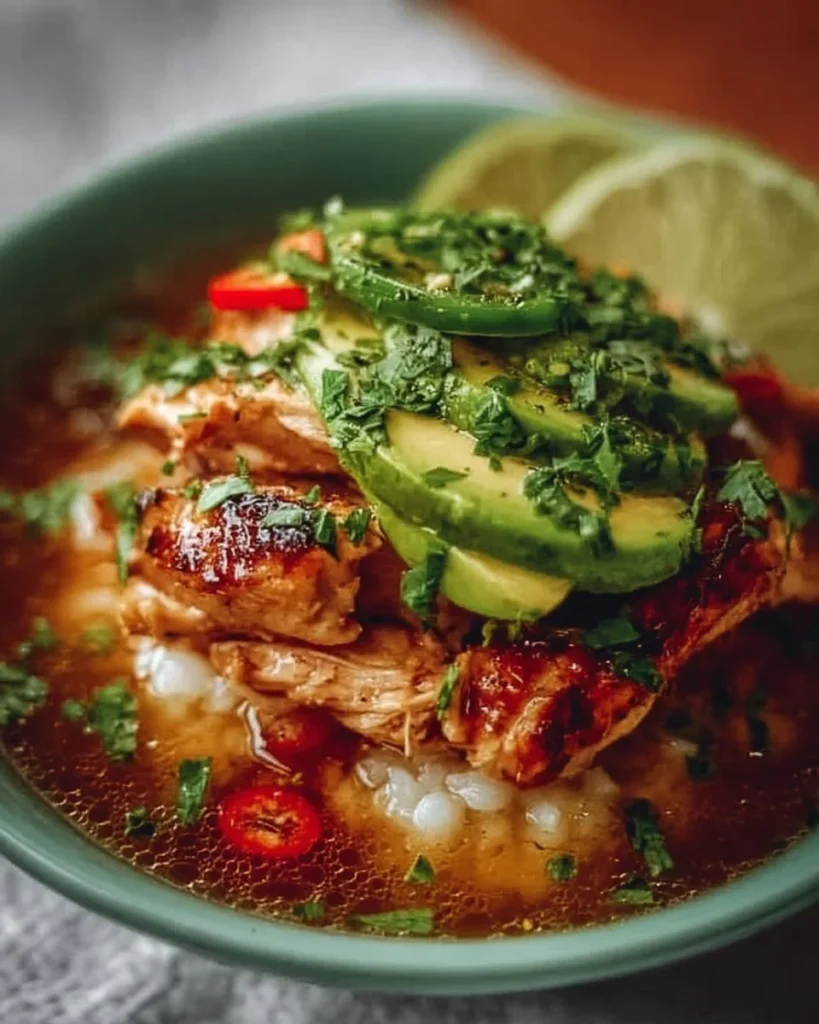 Delicious bowl of chicken chili garnished with fresh herbs