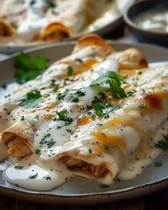 Chicken enchiladas topped with sour cream white sauce served on a plate