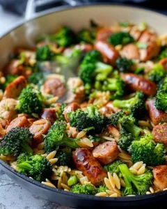 Chicken sausage skillet with broccoli and orzo cooked in one pan