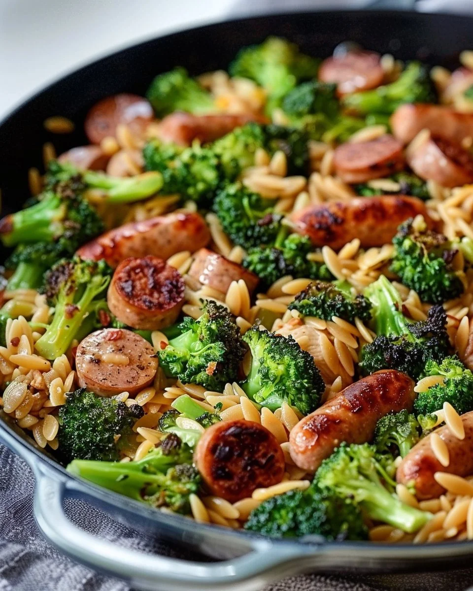 Chicken Sausage, Broccoli, and Orzo Skillet