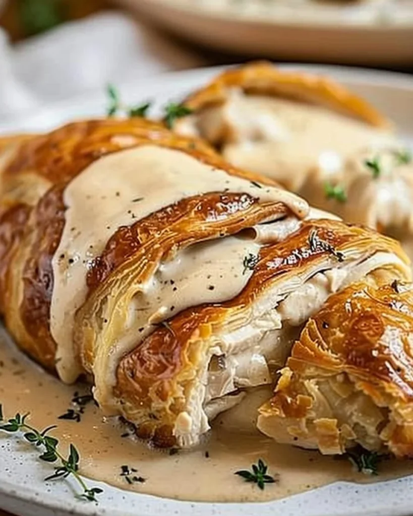 Delicious Chicken Wellington with creamy Dijon sauce on a plate