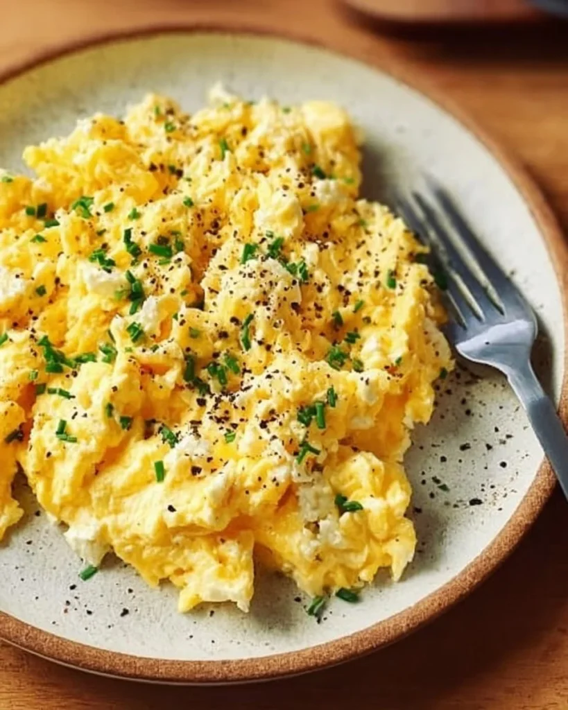 Delicious cottage cheese scrambled eggs served on a plate