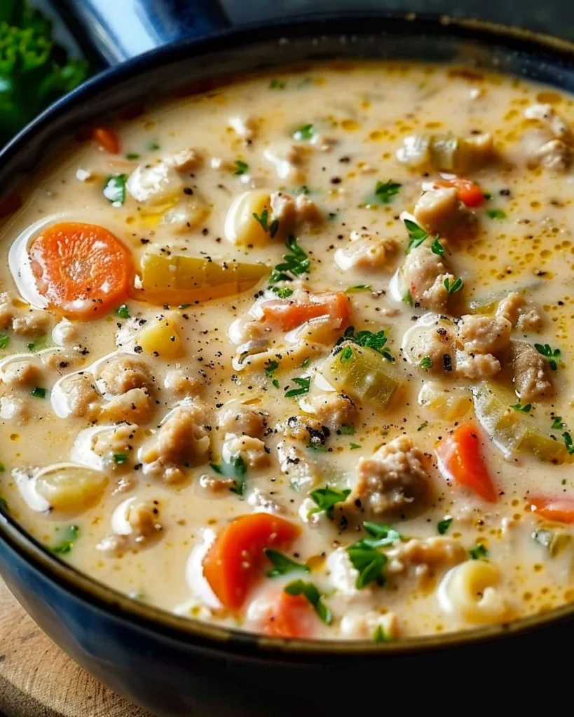 Bowl of creamy Italian ground chicken soup garnished with herbs