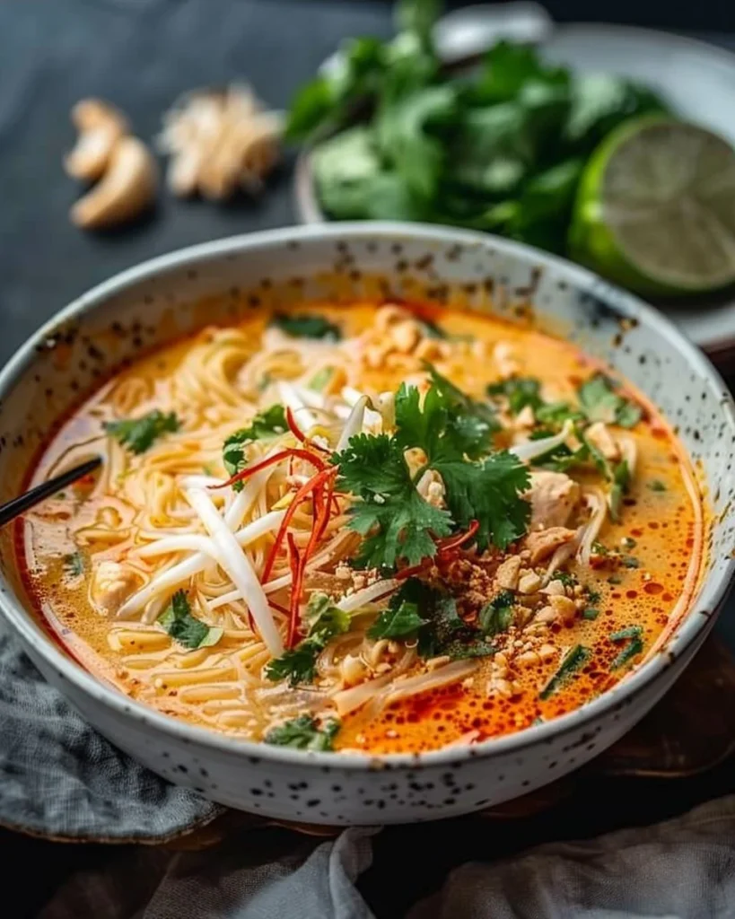 Bowl of creamy Thai curry noodle soup garnished with fresh herbs