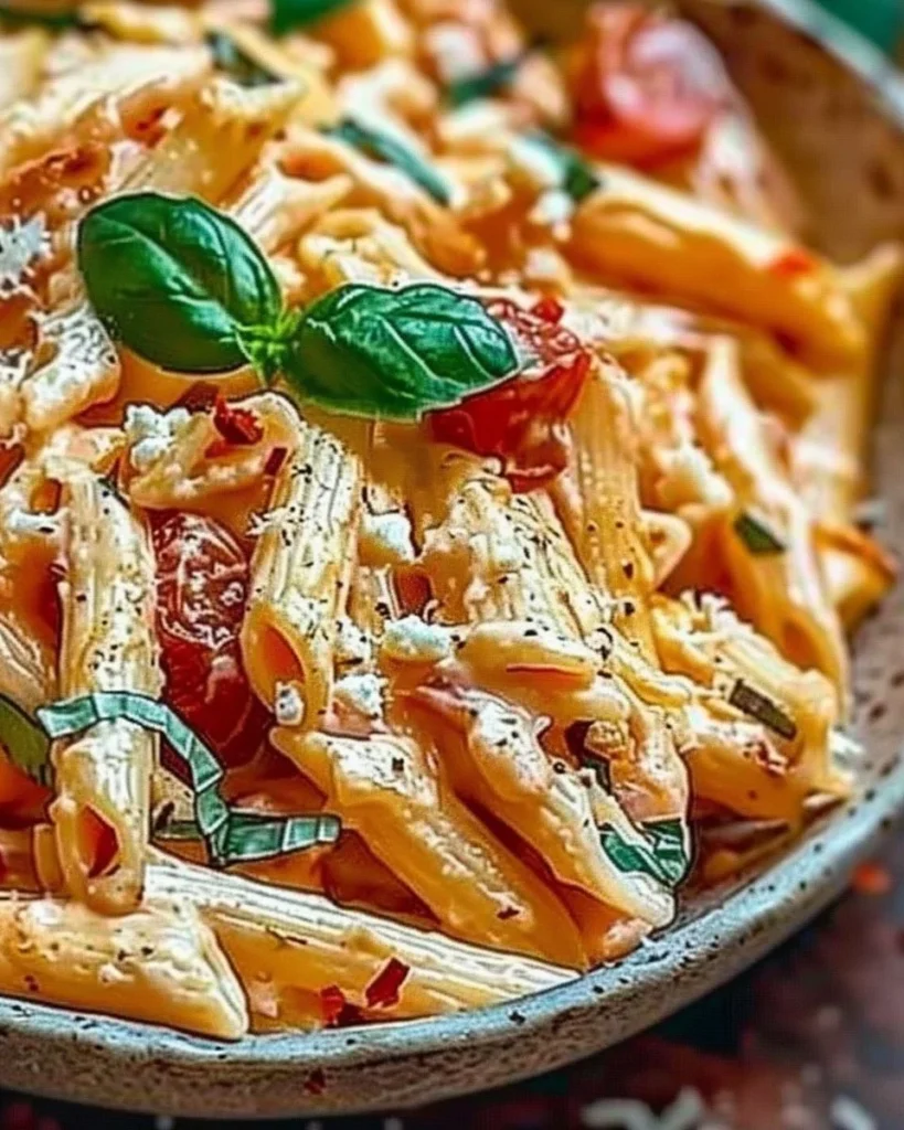 Creamy tomato ricotta pasta dish served in a bowl with fresh herbs