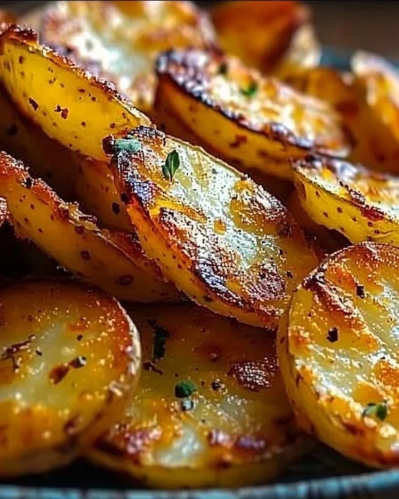 Crispy oven baked sliced potatoes served on a plate