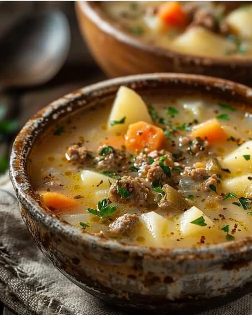 Crockpot Creamy Potato Hamburger Soup in a bowl, garnished with herbs