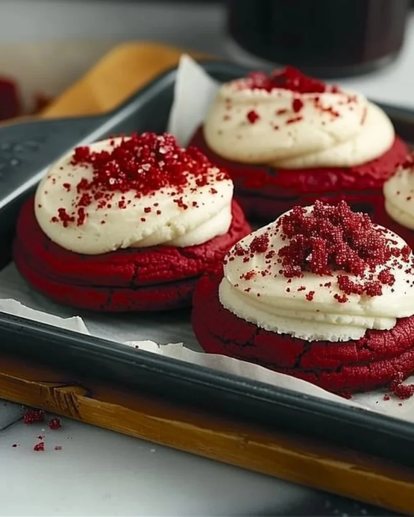 Delicious Crumbl copycat red velvet cookies on a baking tray