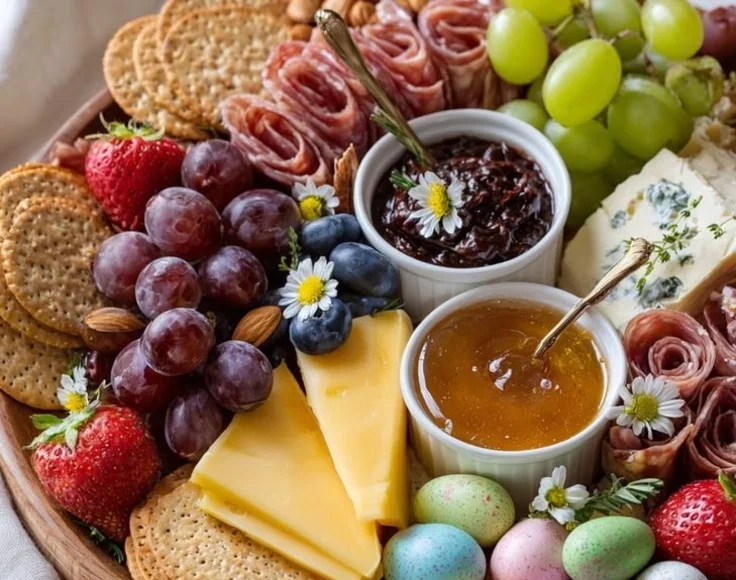 Colorful Easter Charcuterie Board with seasonal treats and decorations