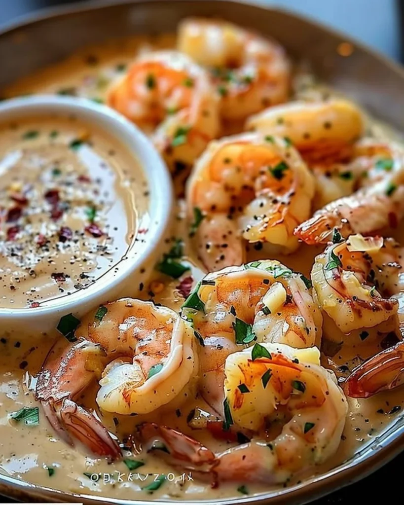 Plate of easy creamy garlic shrimp served with pasta and herbs