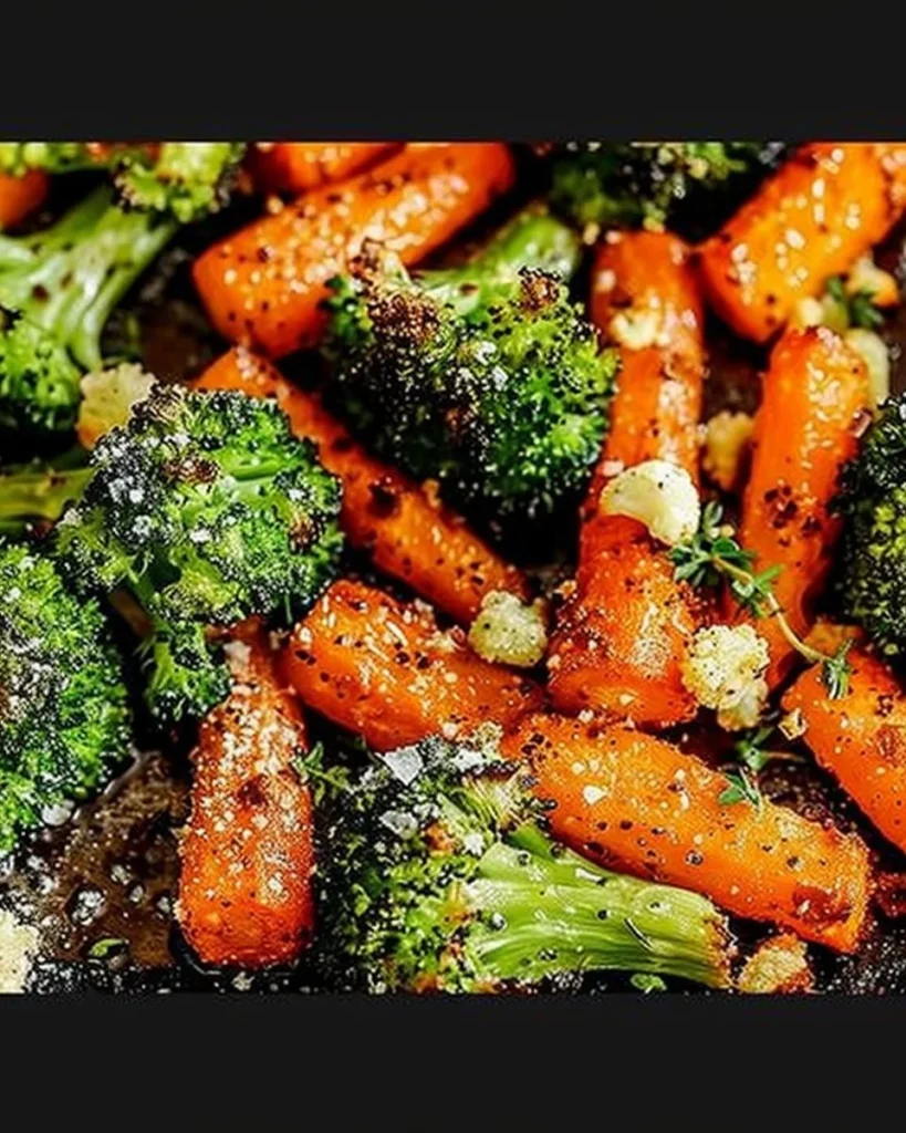 Oven-roasted broccoli and carrots seasoned for a healthy side dish.