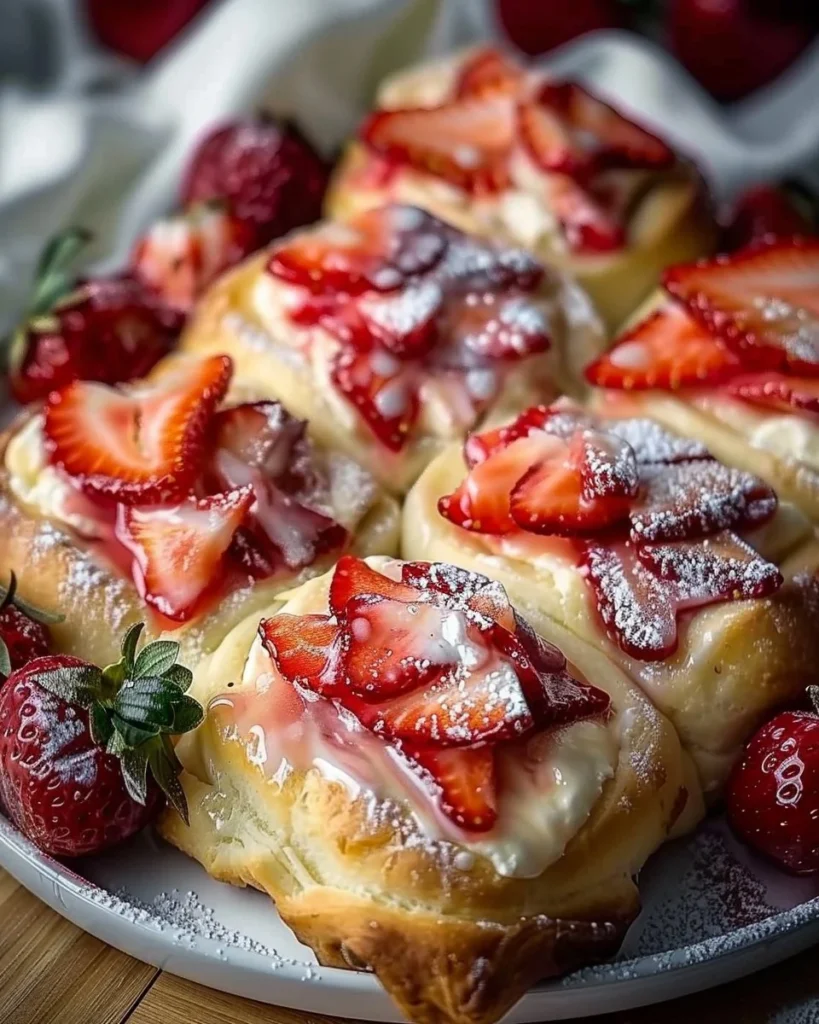 Easy Strawberry Cheesecake Sweet Rolls drizzled with icing and fresh strawberries