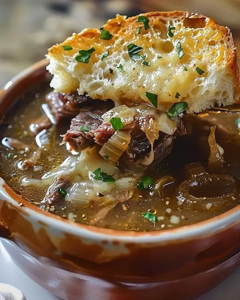 A bowl of French Onion Beef Short Rib Soup garnished with melted cheese and herbs.