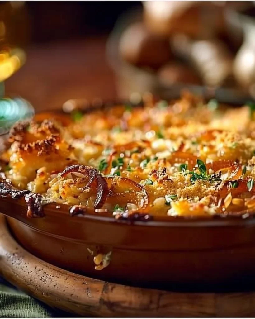 Delicious French Onion Chicken Rice Bake topped with crispy cheese and onions
