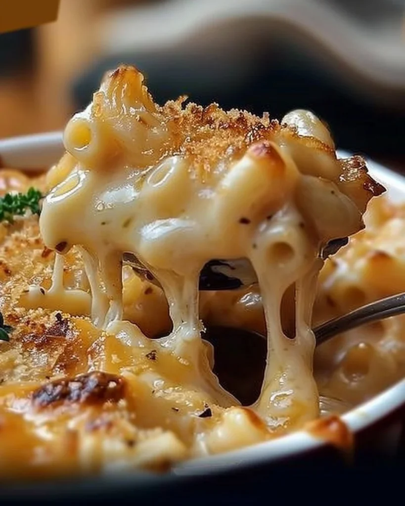 Bowl of French onion soup mac and cheese topped with melted cheese and crispy onions