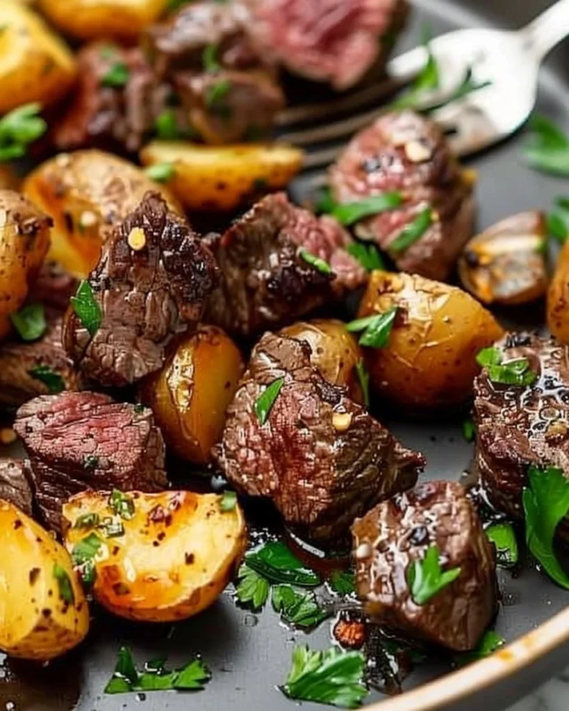 Garlic butter steak bites served with roasted potatoes on a plate.