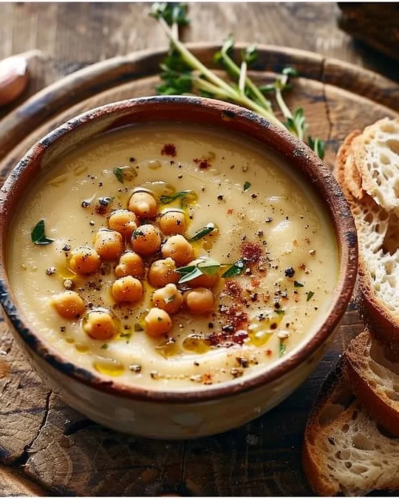 A bowl of flavorful Garlic Chickpea Soup garnished with herbs.