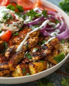 Healthy chicken shawarma bowl with fresh vegetables and flavorful spices