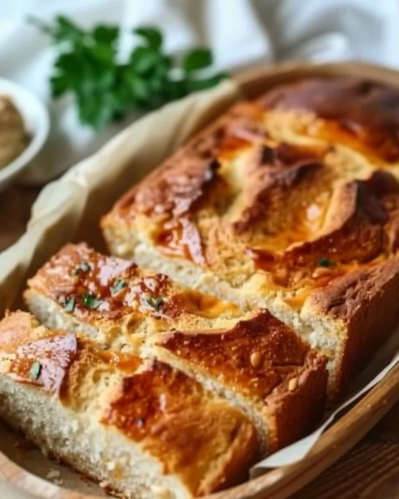 Slice of homemade cheesecake bread on a wooden board