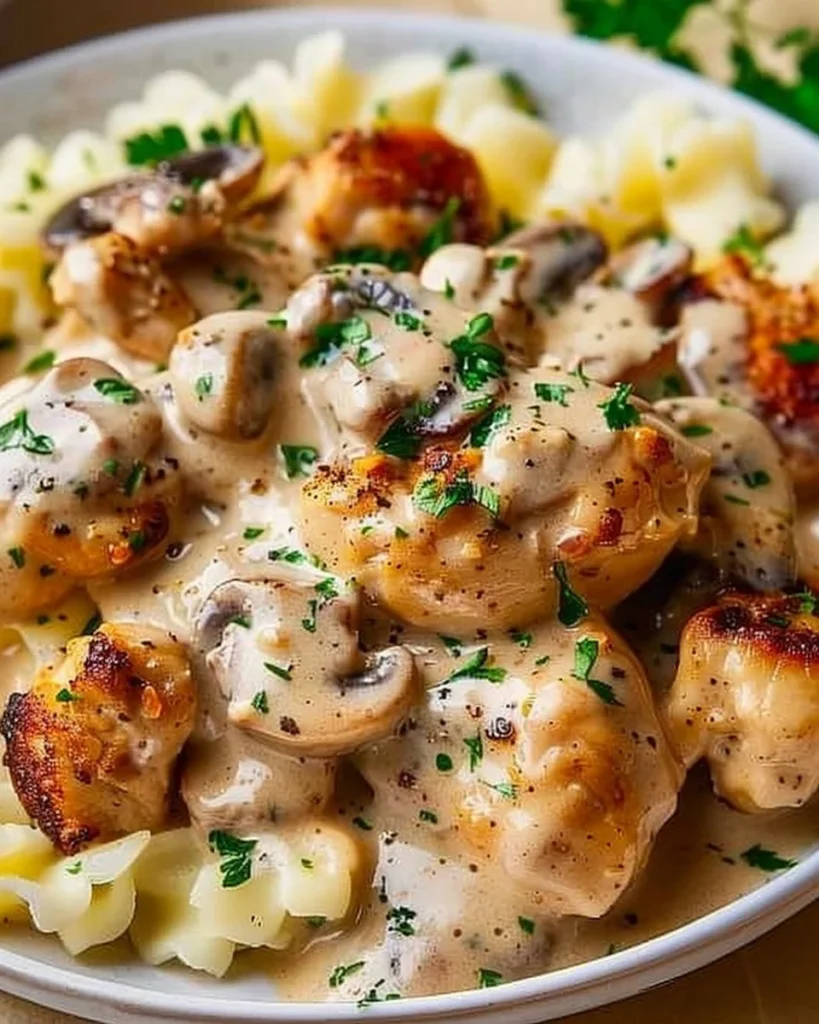Delicious Chicken Stroganoff served with mushrooms and creamy sauce over pasta