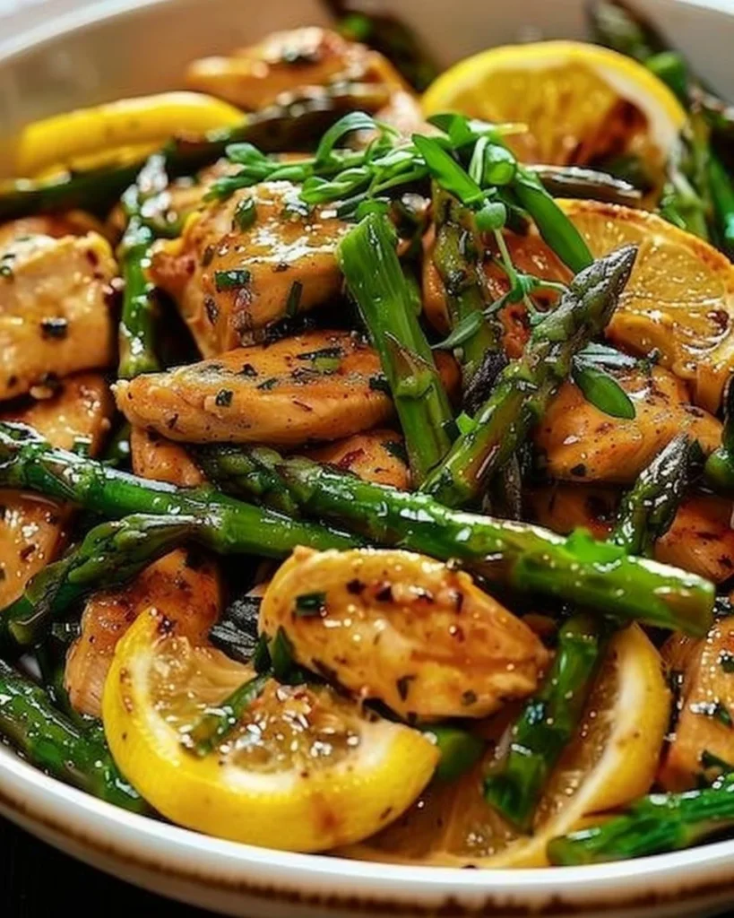 Lemon Chicken Stir-Fry with asparagus served in a colorful dish