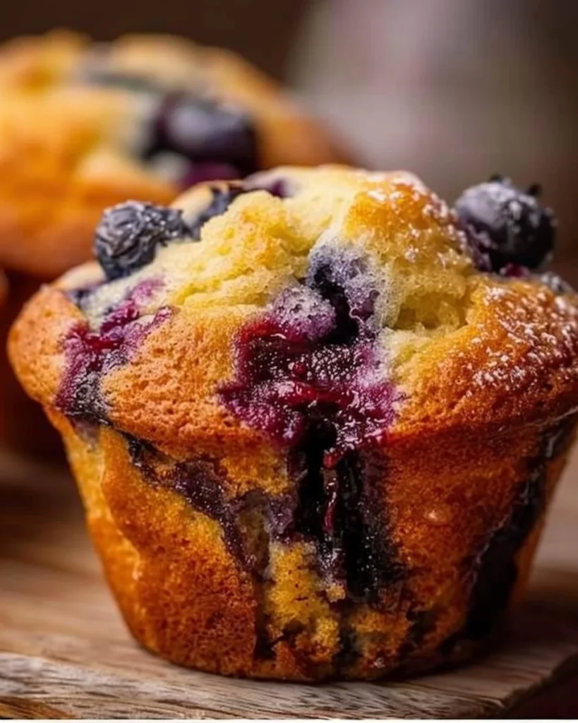 Freshly baked moist sourdough blueberry muffins with juicy blueberries